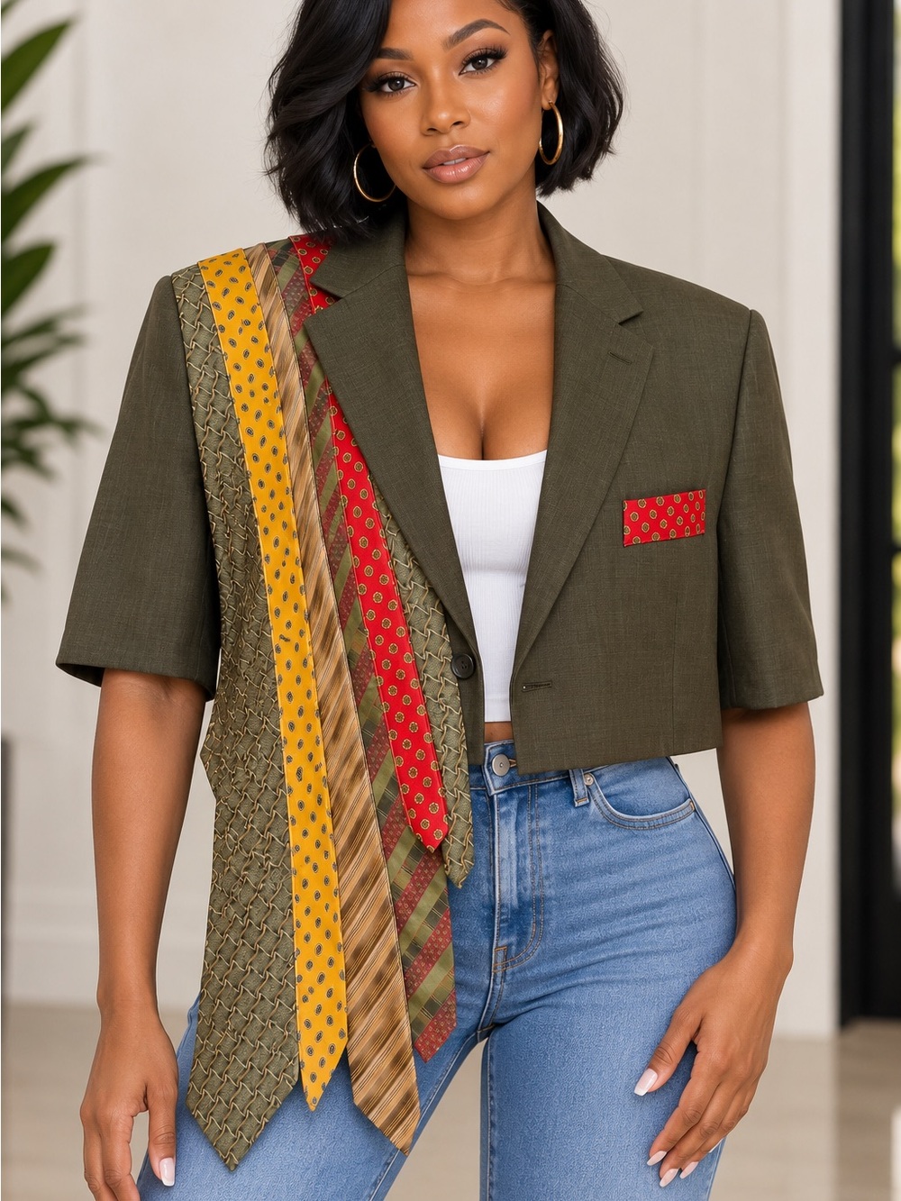 Upcycled Olive Cropped Short-Sleeve Blazer with Multicolor Tie Accent size 2X